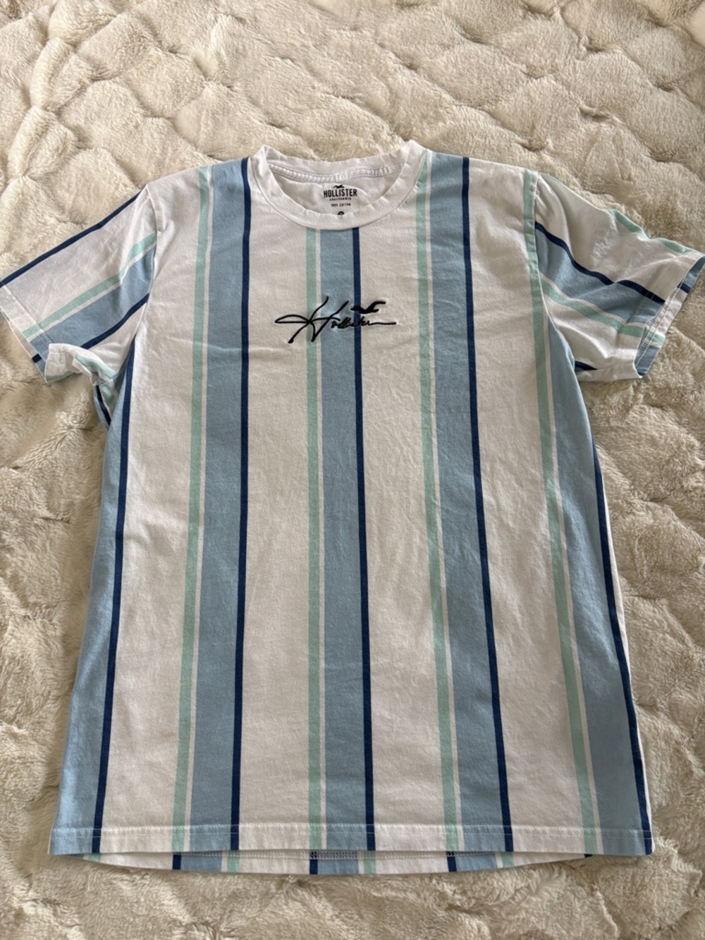 Hollister Men's White Tee with Blue & Light Blue Vertical Stripes
